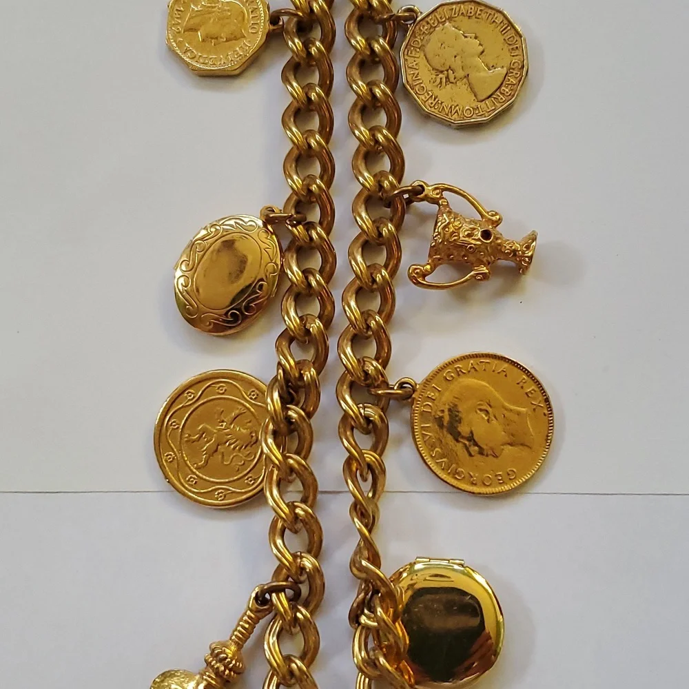 Goldtone Roman Coins & Charms Necklace 16" - Picture 7 of 9